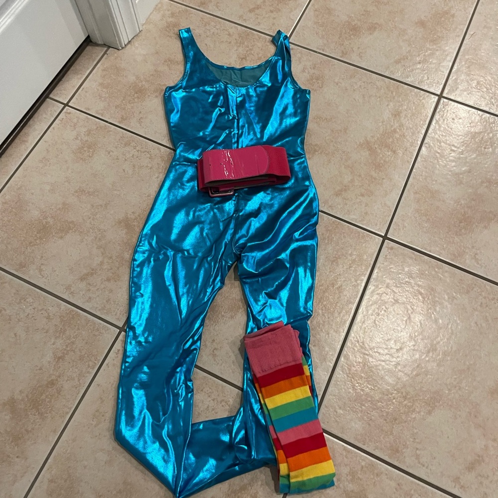Vibrant Blue Women's Jumpsuit with Rainbow Leg Warmers